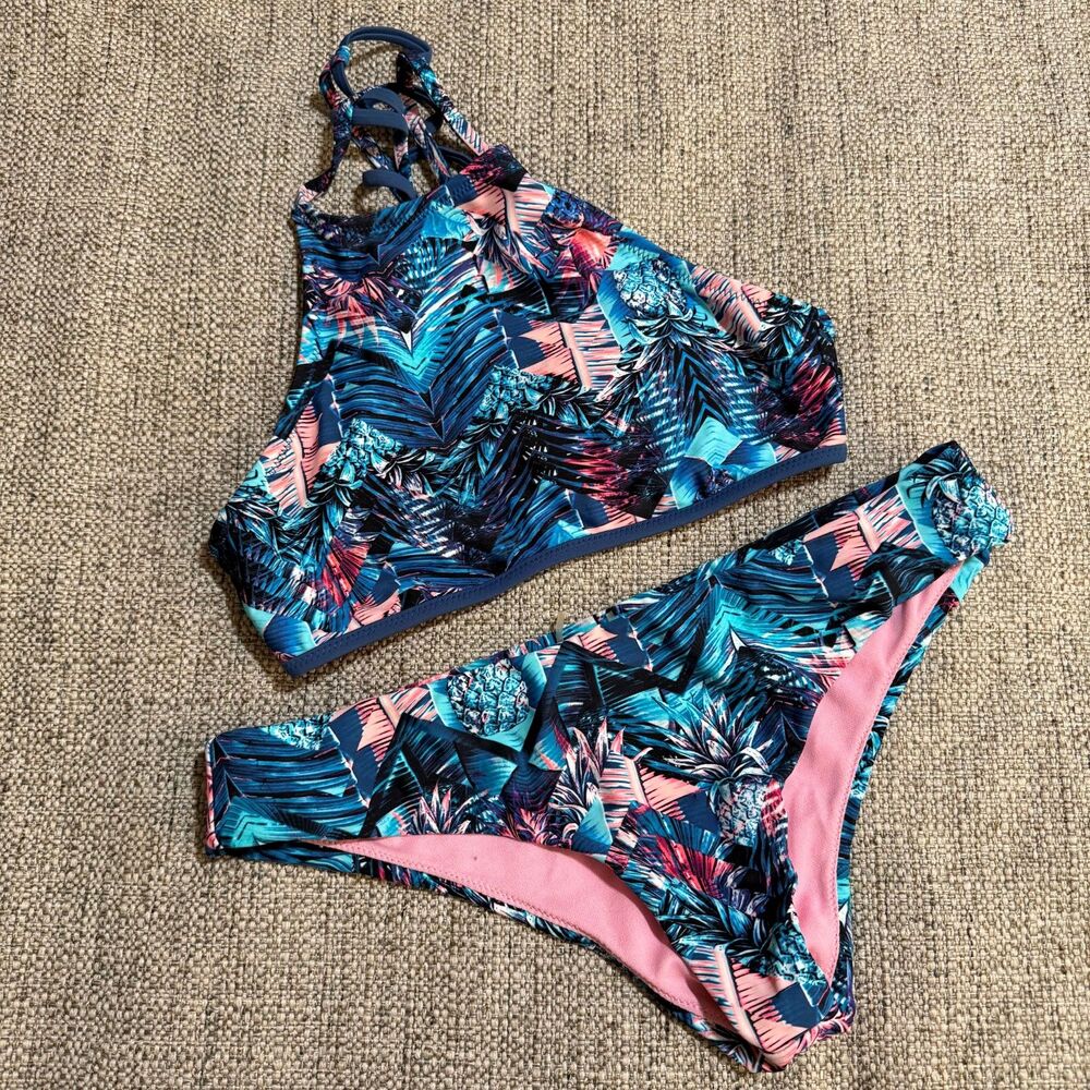 Raisins Tropical High Neck Bikini Set Blue Pink Palm Floral Small